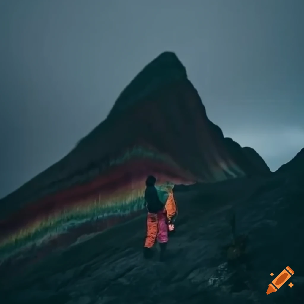 Man standing at the base of a dark rainbow mountain