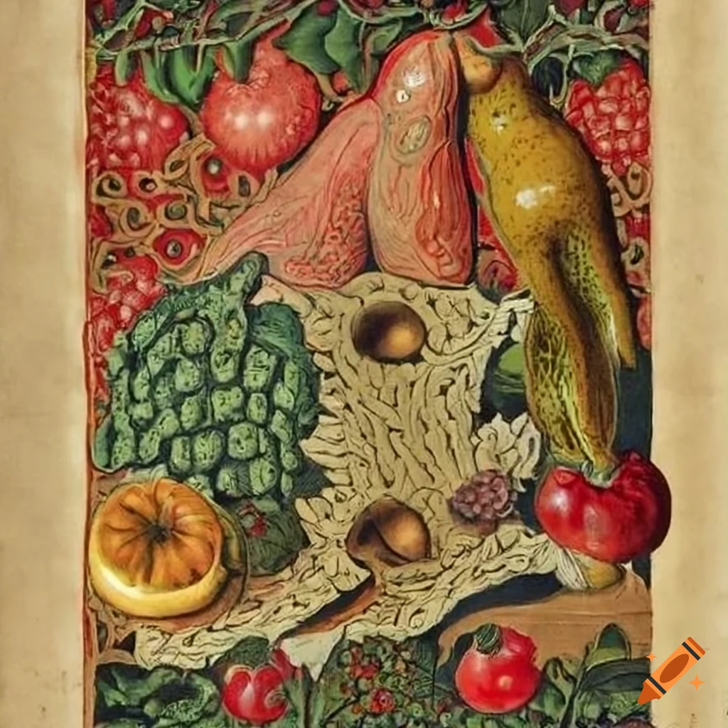 Scientific illustration of fruit and vegetable anatomy with Celtic and totemic designs