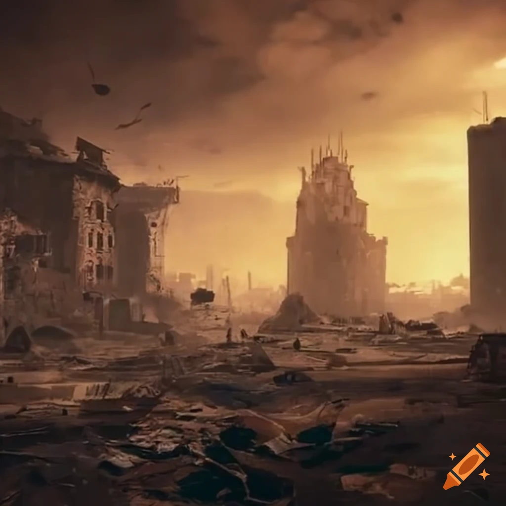 Post-apocalyptic wasteland of ruins and destruction in muted shades