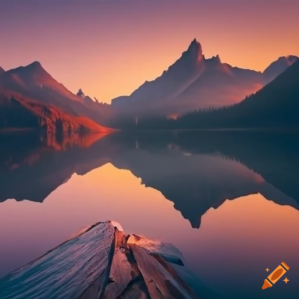 Breathtaking mountain lake at sunset with sun rays reflecting on the water