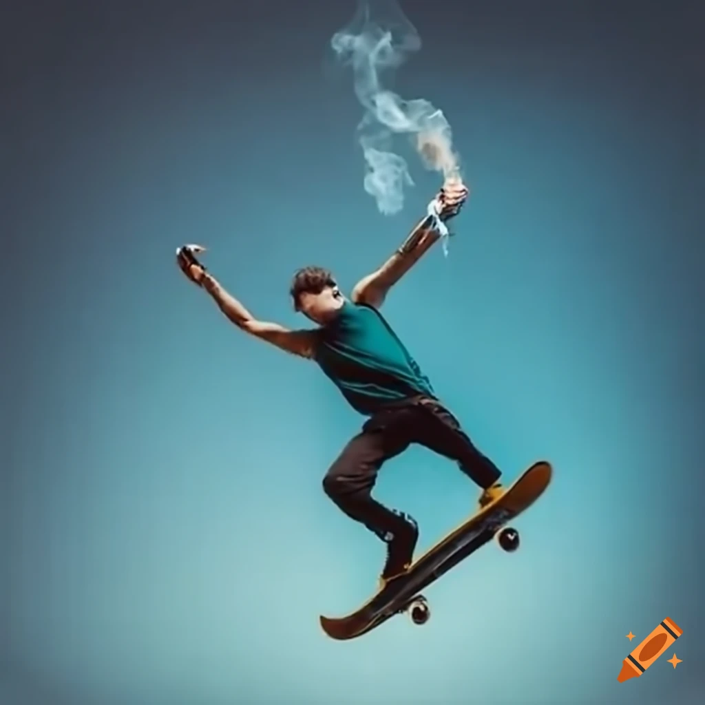 Skateboarder performing a high jump with a beverage and cigarette