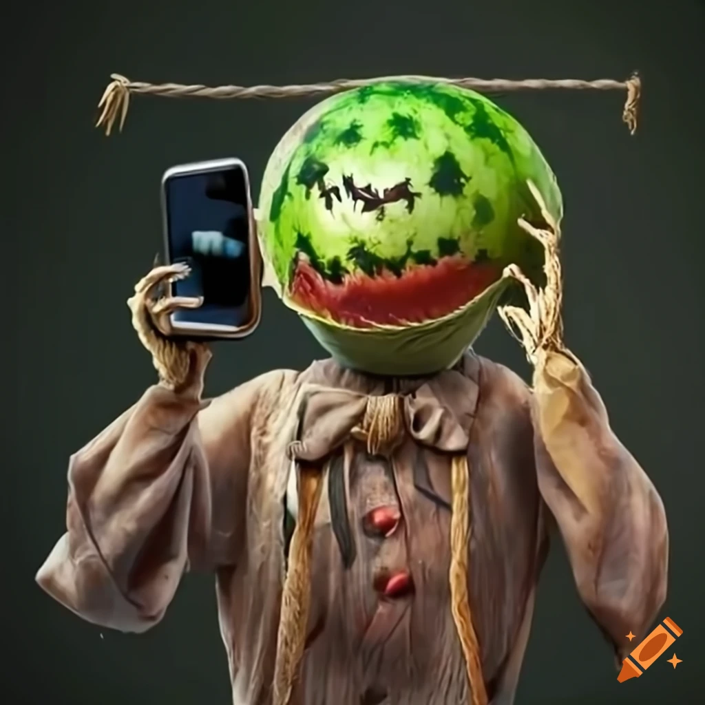 Scarecrow with watermelon head and smartphone hanging on rope