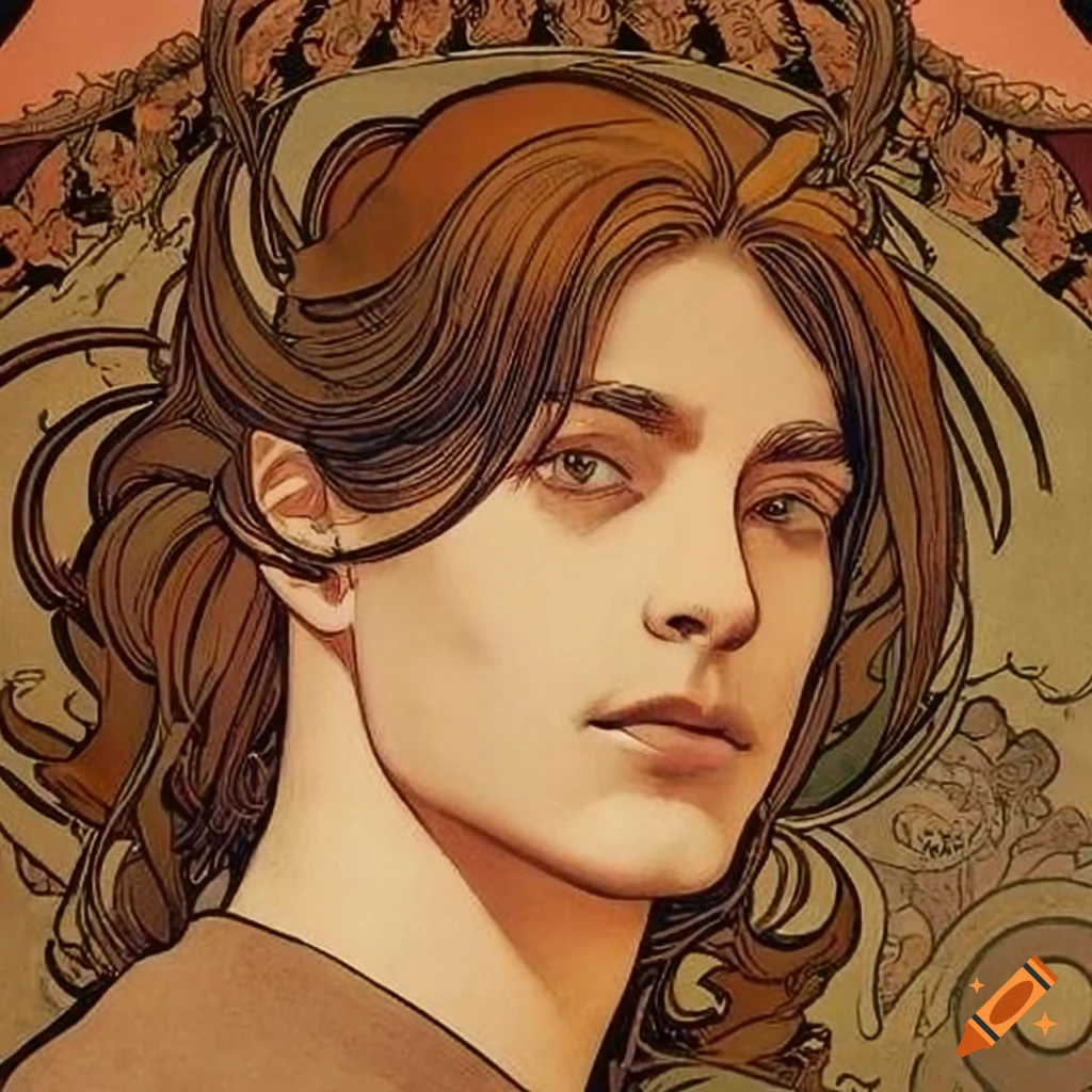 Portrait of a handsome European man with black eyes and long hair in a ...