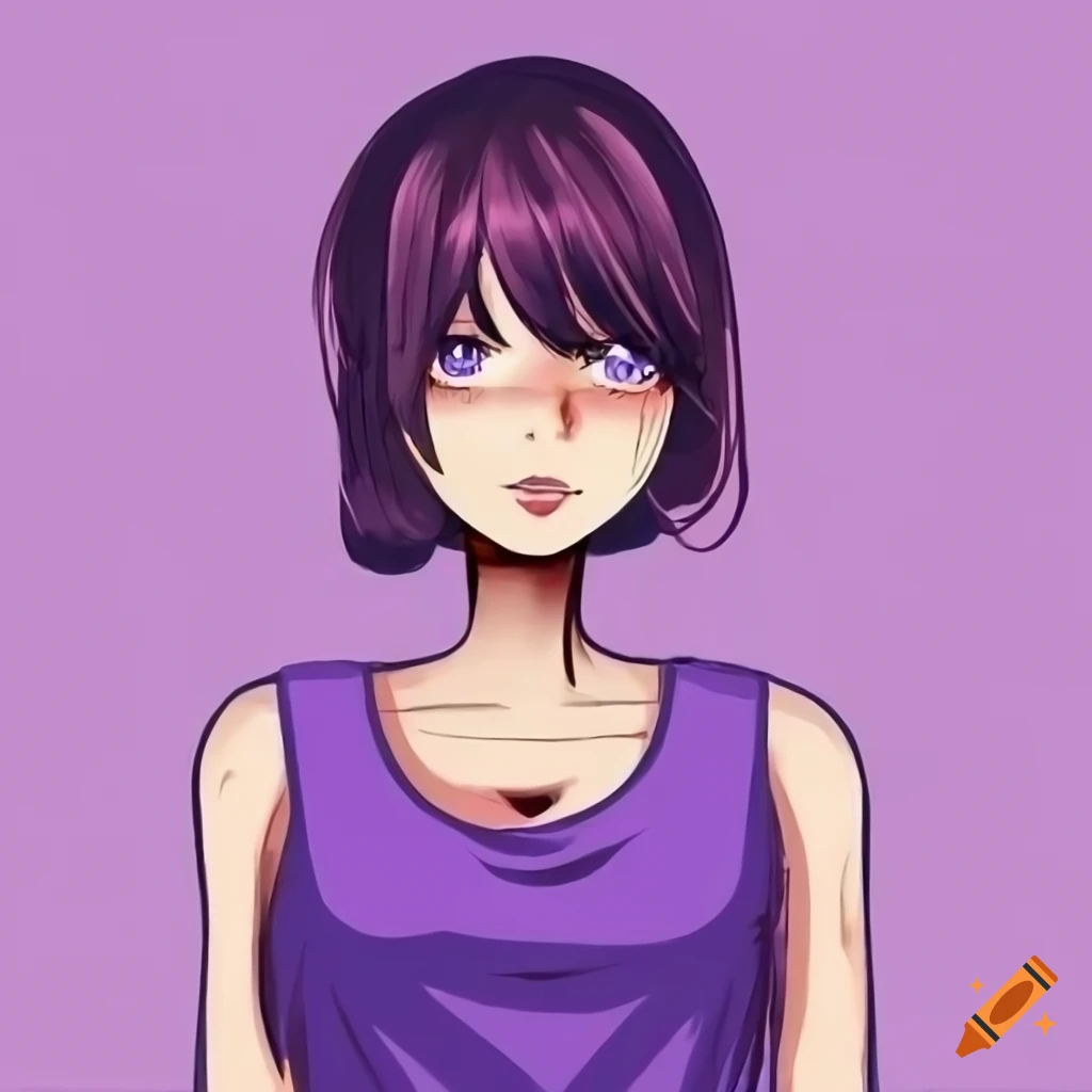 Anime Girl With Blunt Bangs And Short Hair Wearing A Purple Sleeveless T Shirt On Craiyon 1245