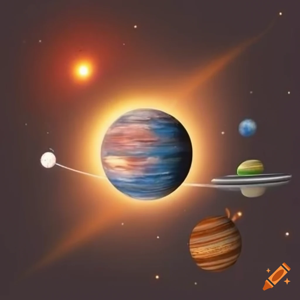 Illustration of the planets in space with names and distances from the sun