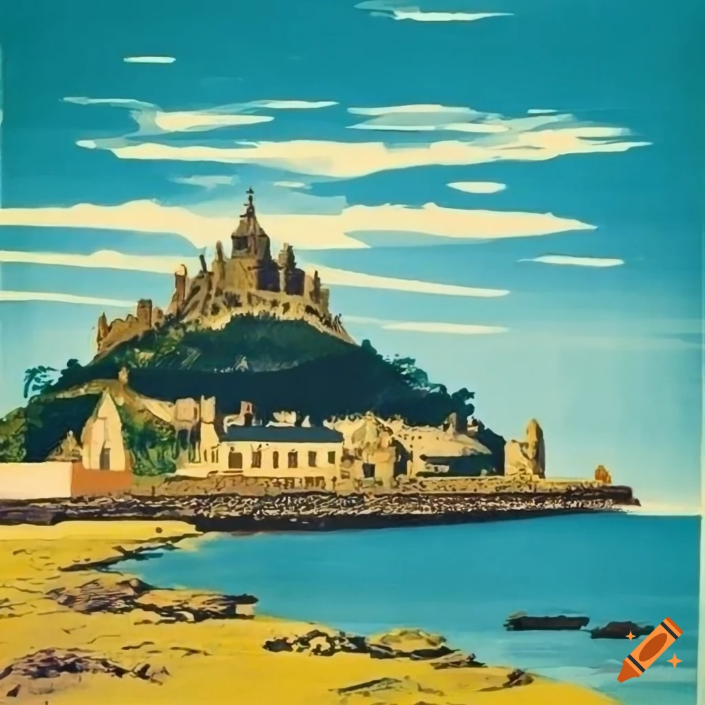 vintage-travel-poster-of-st-michael-s-mount-on-a-sunny-day-with-blue