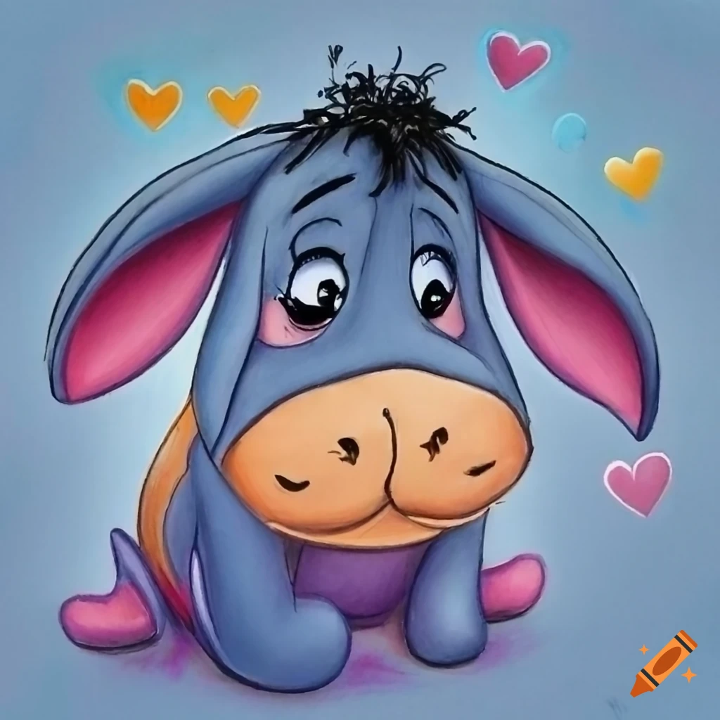 Eeyore from Winnie the Pooh surrounded by hearts in a loving scene