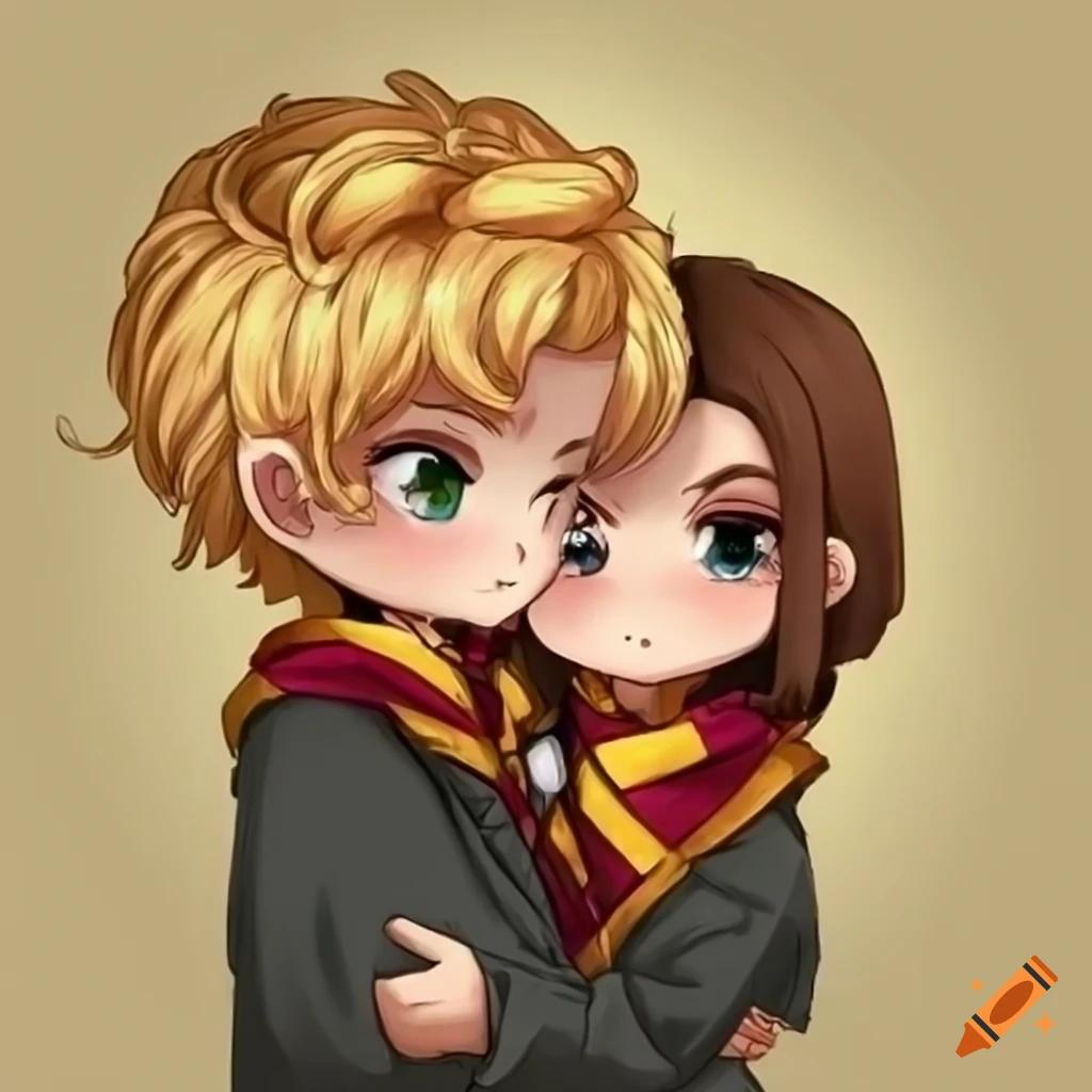 Blonde Hufflepuff boy and brunette Gryffindor girl hugging in chibi style
