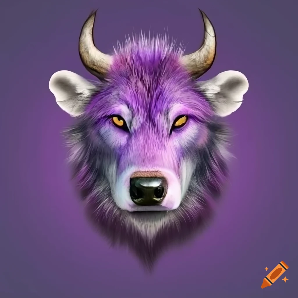 Imaginative creature with cow head, wolf body, purple fur, and lion