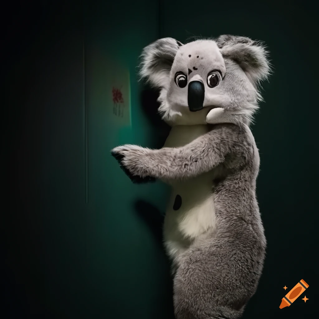 Male teacher in koala mascot fursuit at school hallway