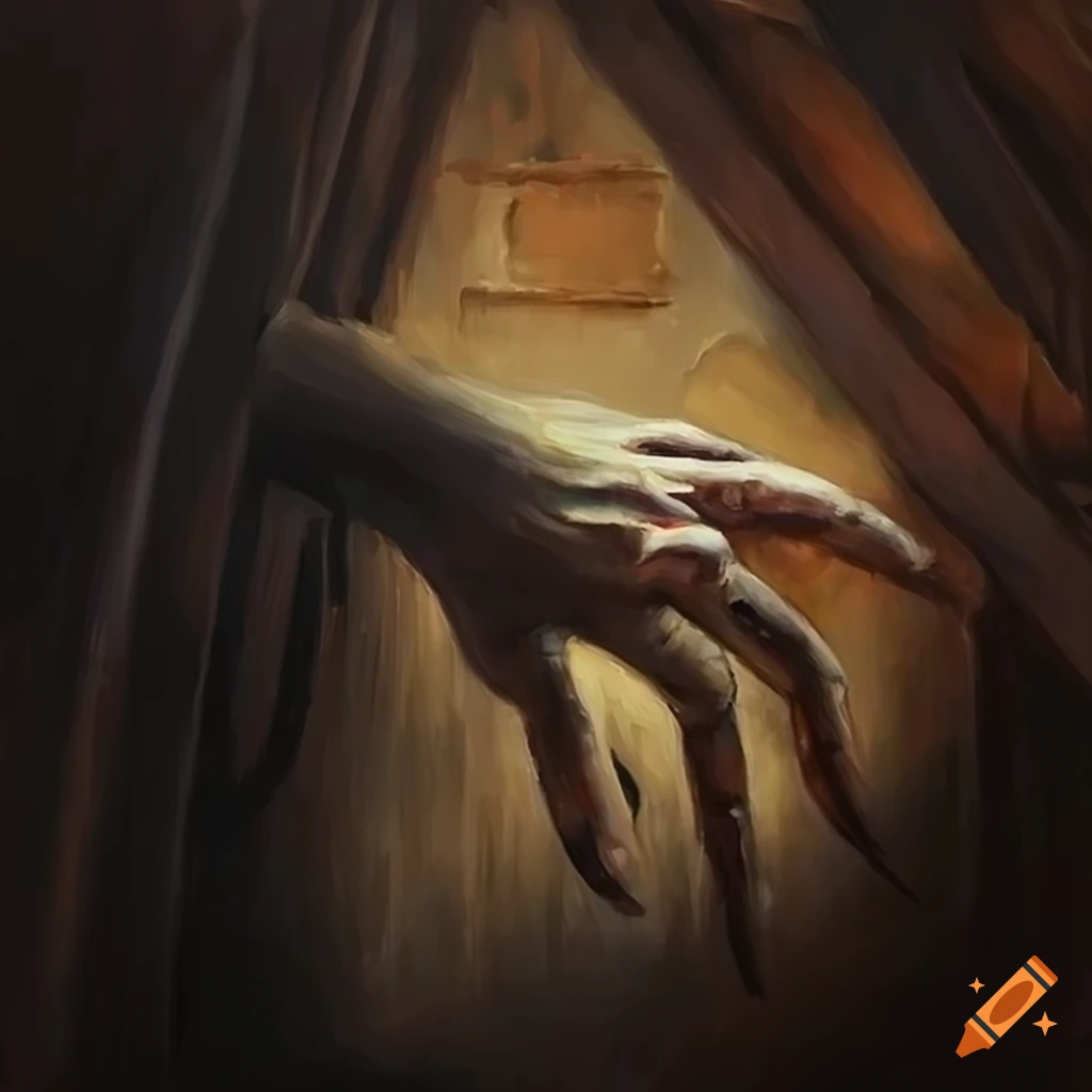 Clawed hand reaching out of a mirror in a creepy old attic, oil painting