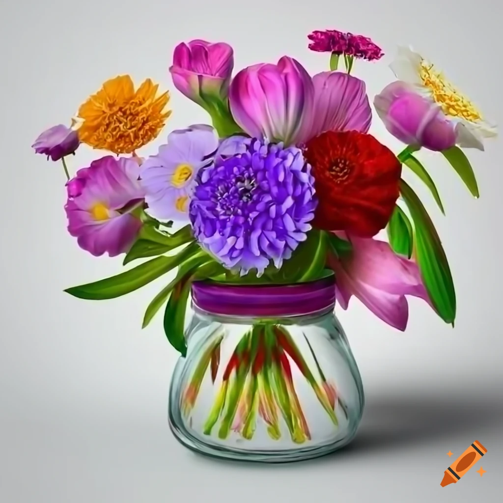 Colorful jar filled with stunning flowers on white background