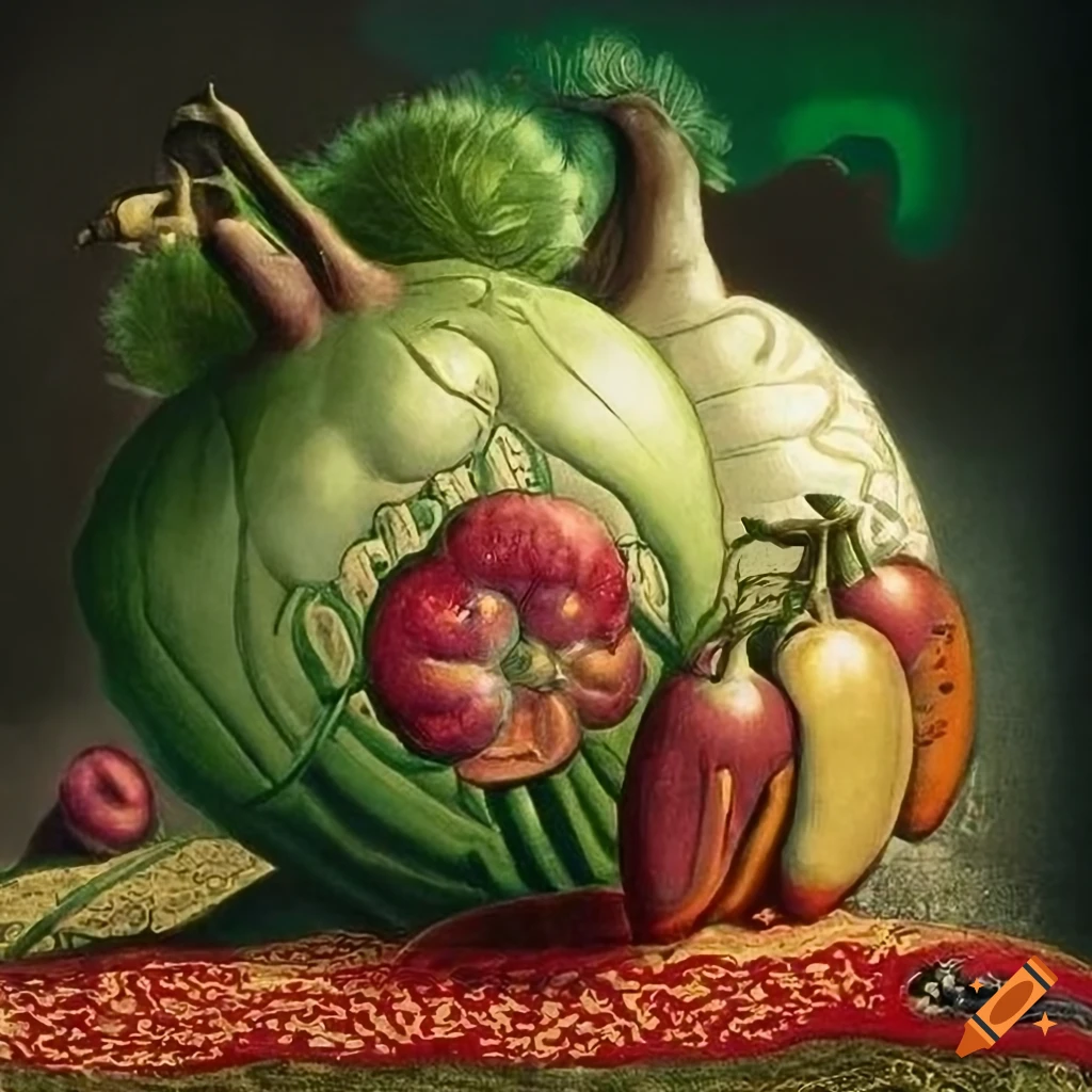 Scientific illustration of fruit and vegetable anatomy with Celtic patterns and totemic designs