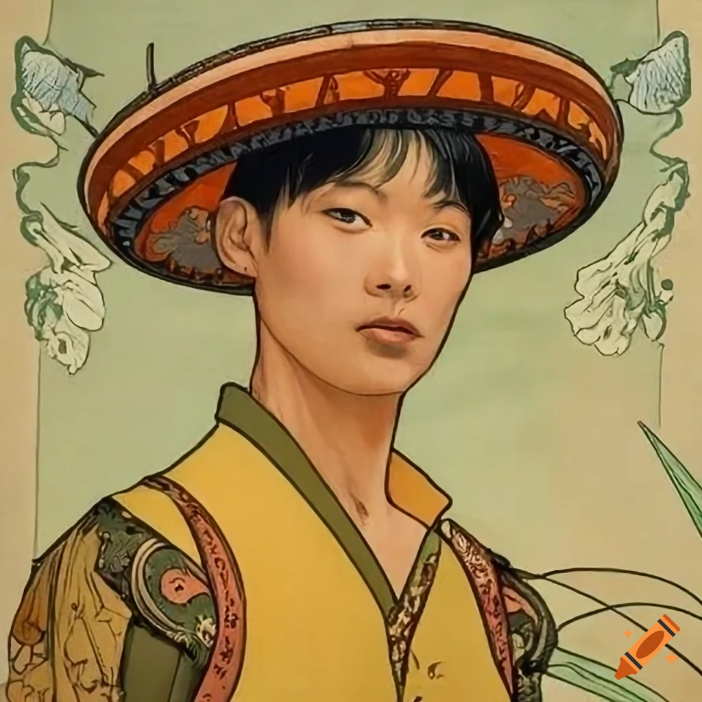 Portrait of a young Chinese man in European clothes with a boater and yellow shirt on his head