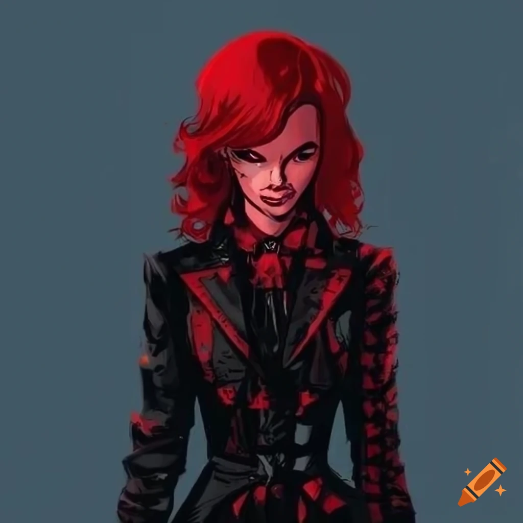 Punk style android madame in black and red coat in comic book art