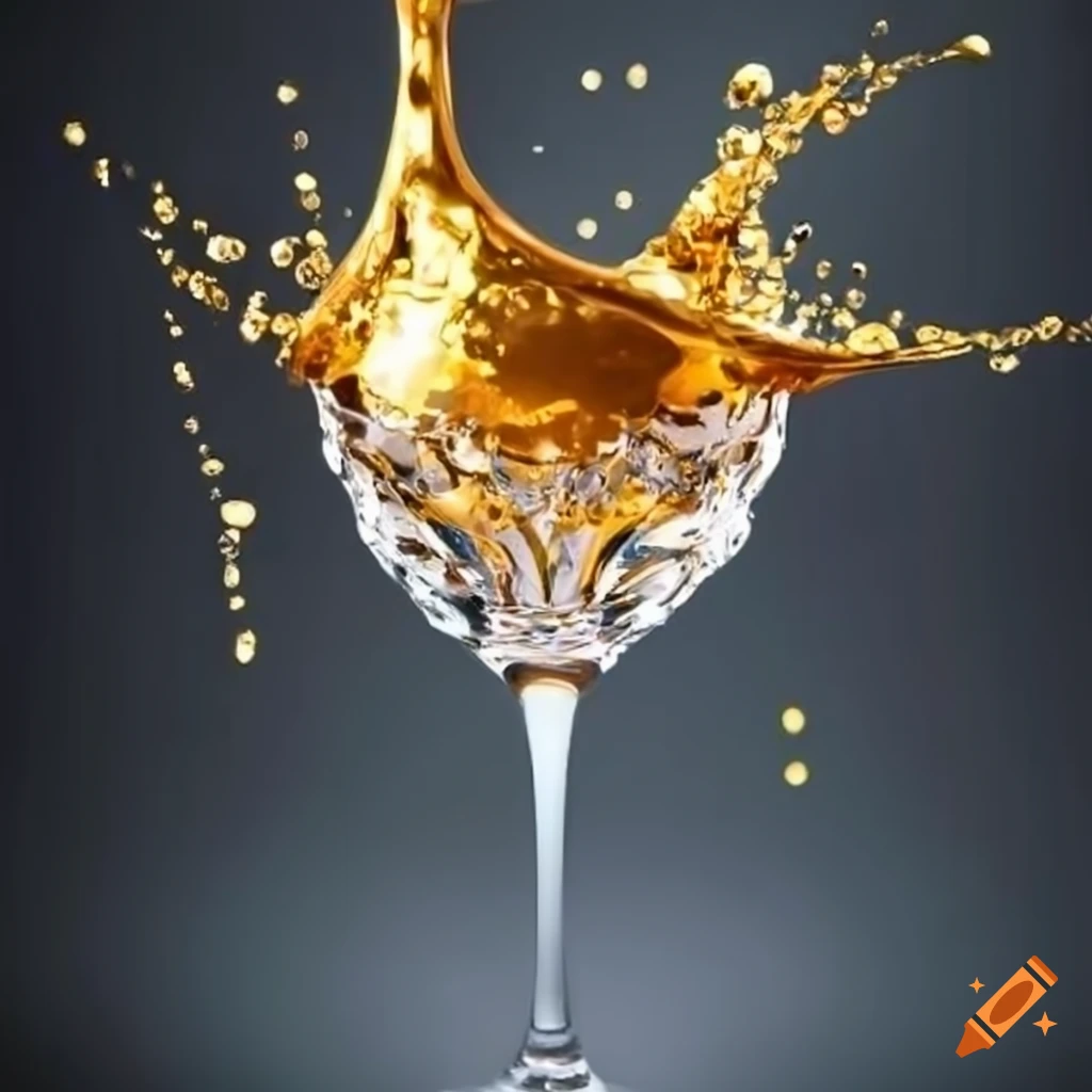 Ornate crystal wine glass with splashing golden liquid on white background