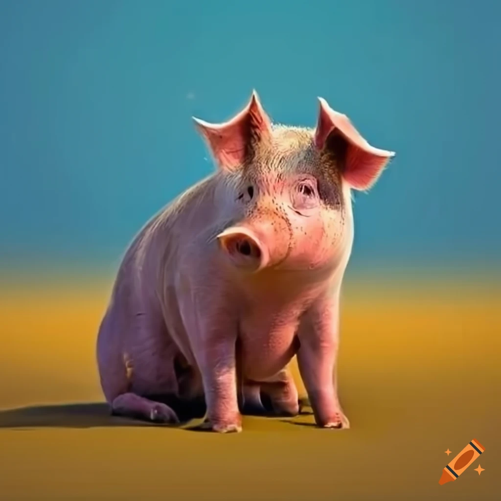 Pig sitting on a plain with blue and yellow sky