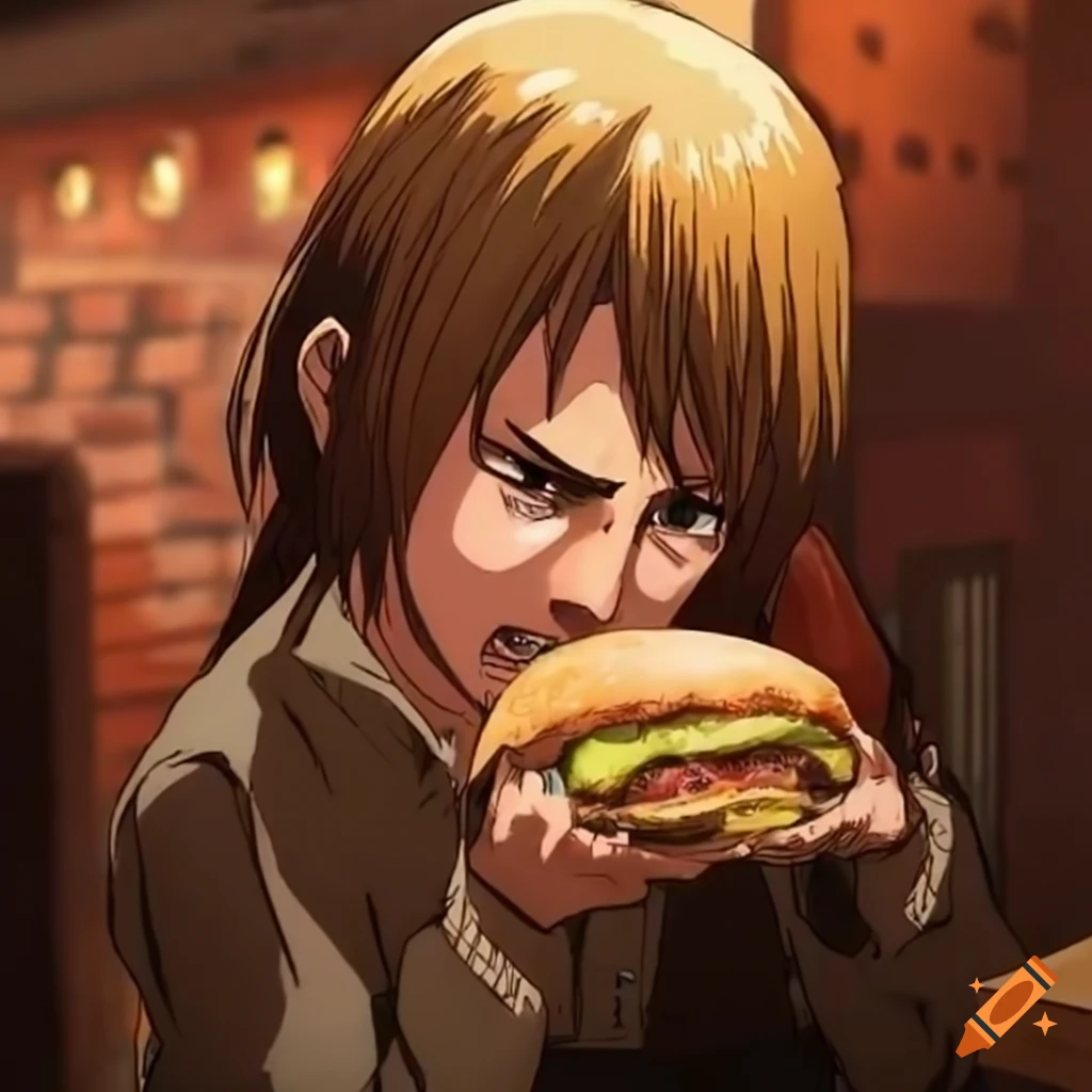 Character from Attack on Titan enjoying a burger in New York City