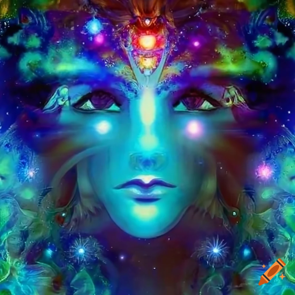 Spiritual singing portrait with galactic phoenix in a blue shimmering universe
