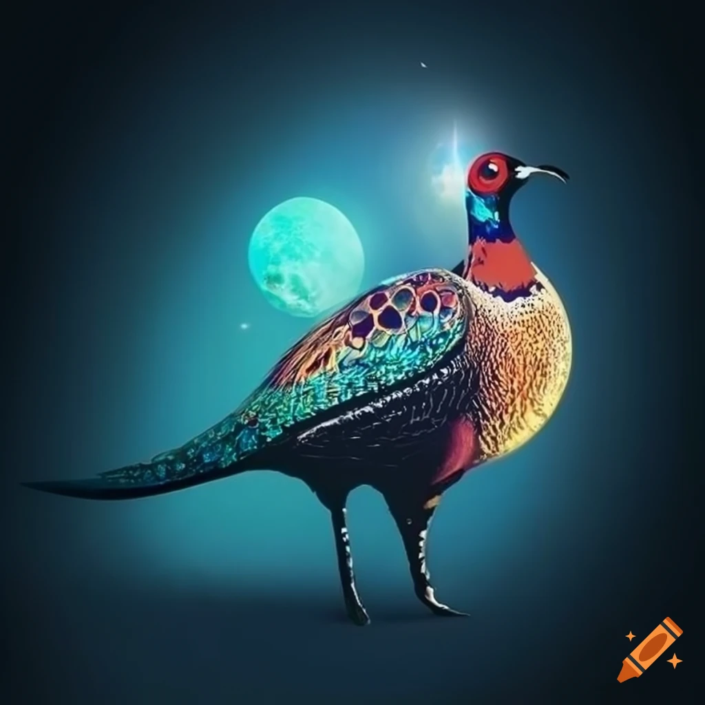 Futuristic quirky artwork from outer space with pheasants