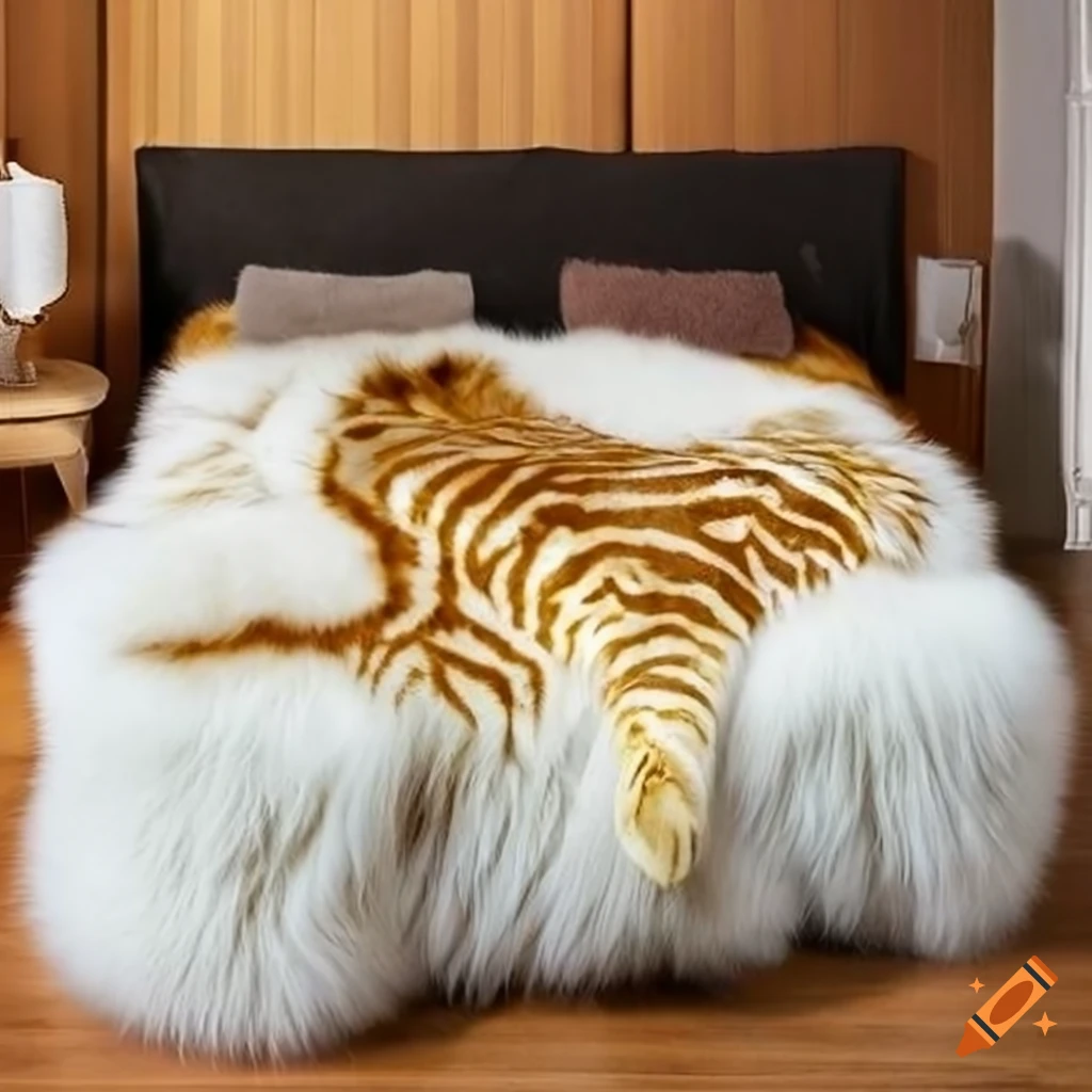 Giant soft fluffy white and gold zebra print fox fur blanket on Craiyon