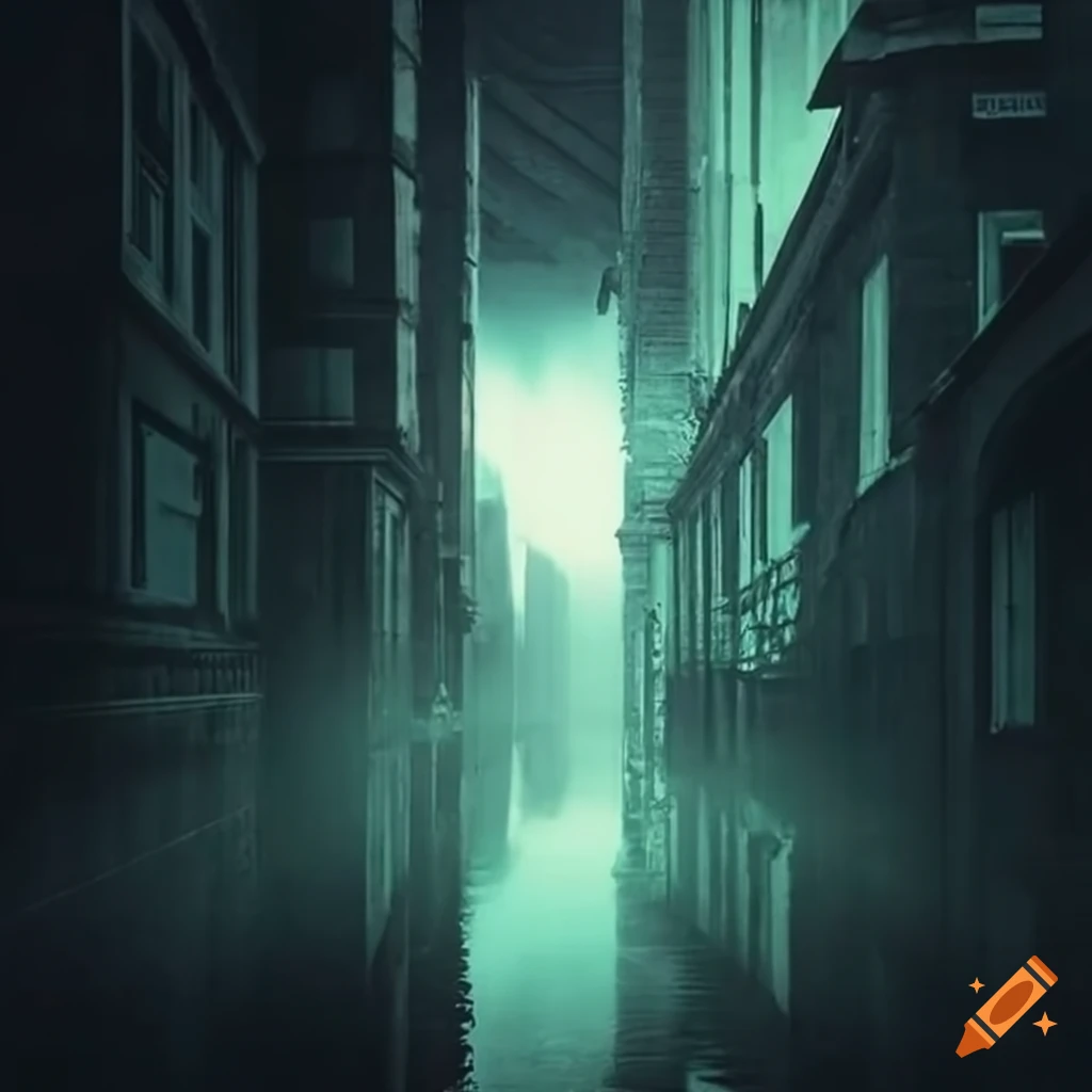 Abandoned flooded alley with tall walls in golden heavenly fog