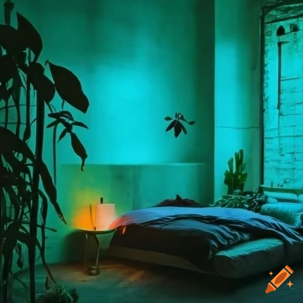 Brutalist concrete bedroom with plants and green neon lighting