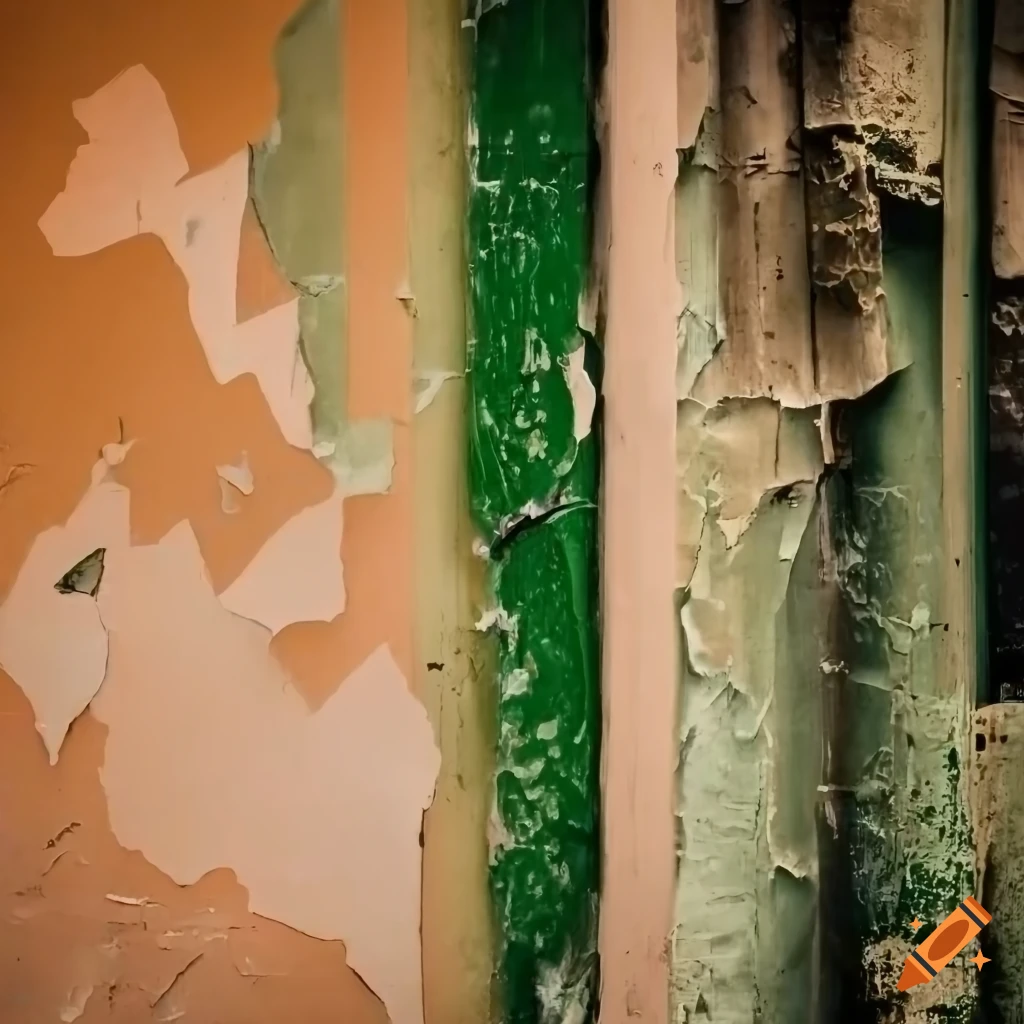 Close up of peeling concert posters on an abandoned wall with pale tan and olive green colors