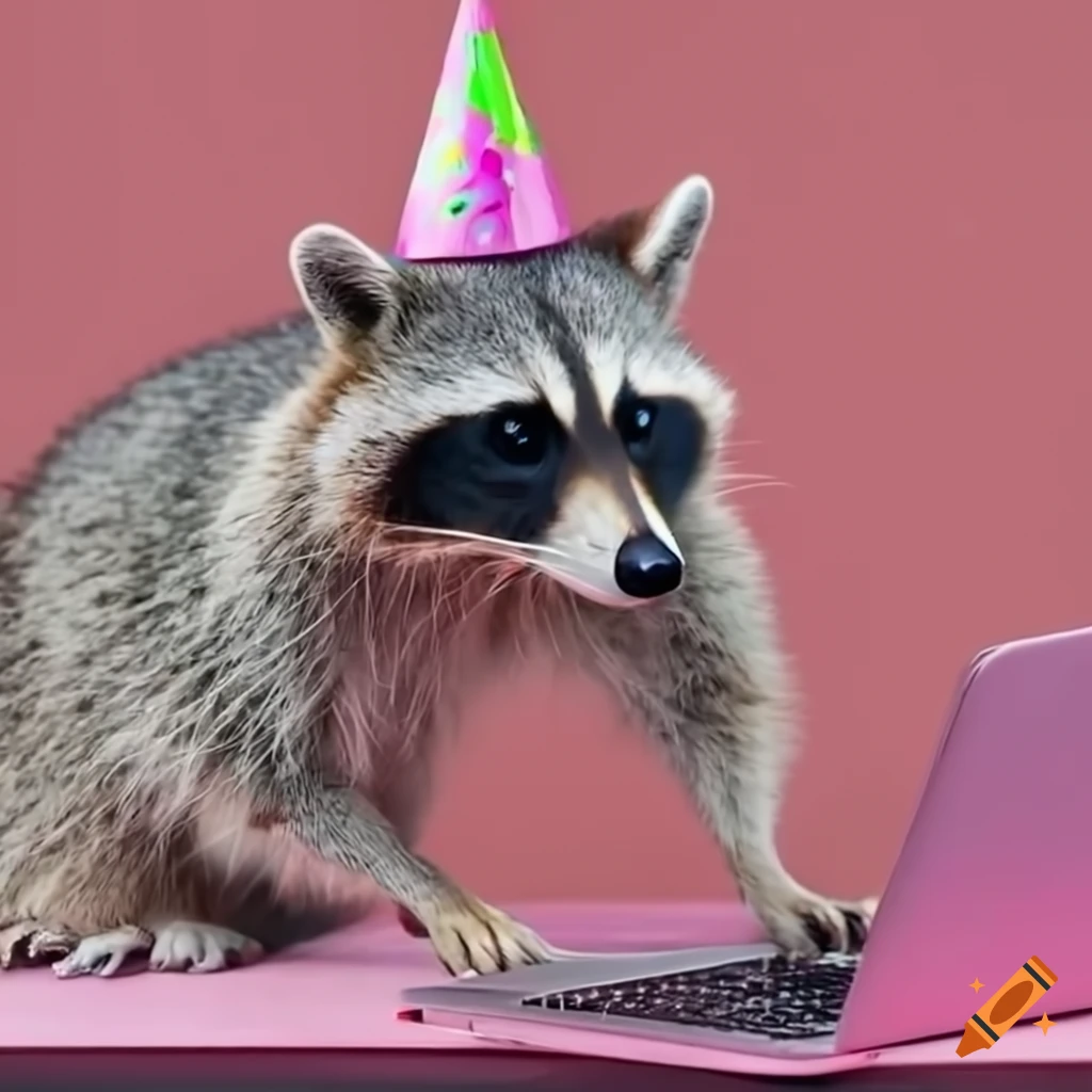 Raccoon with pink sunglasses and party hat using a pink laptop