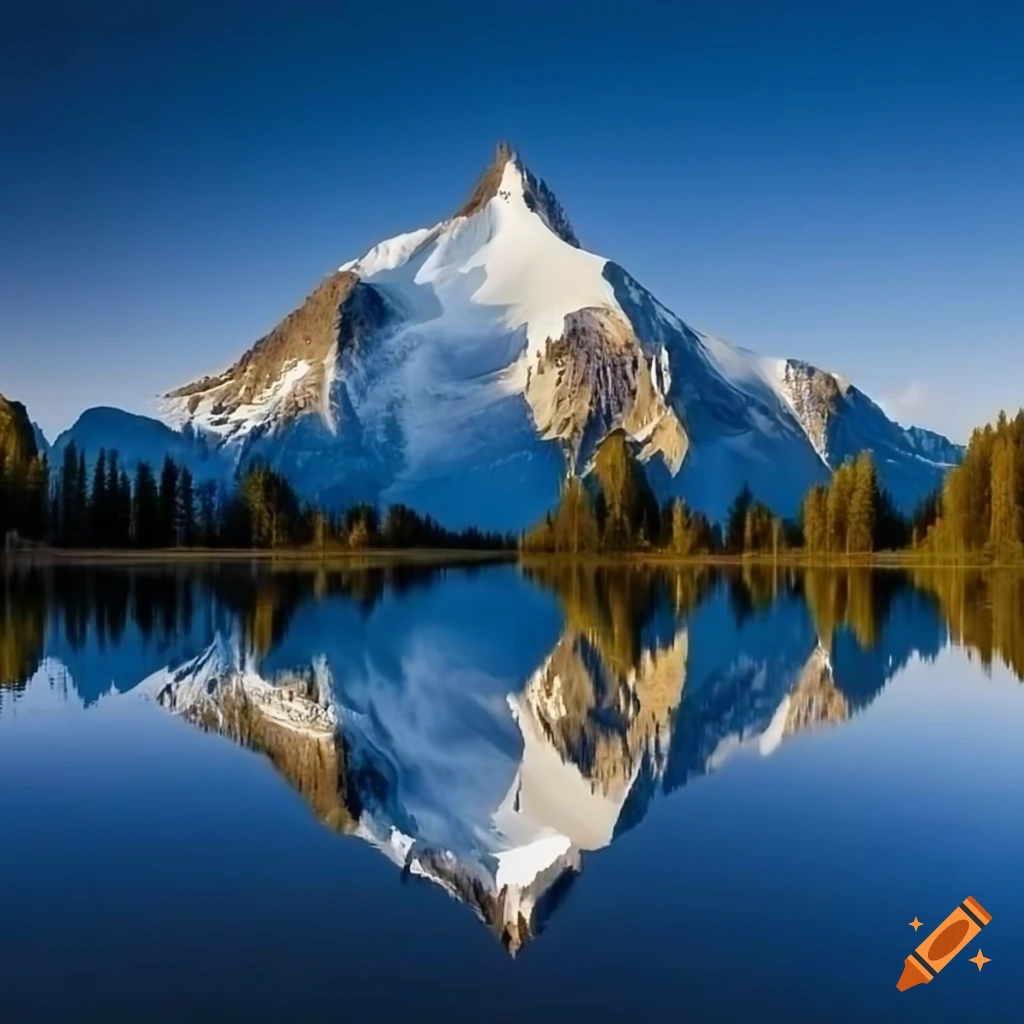 Snowy mountain peak overlooking a tree-surrounded lake on Craiyon