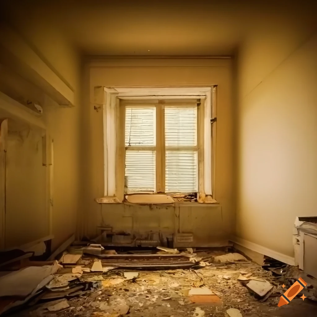 Abandoned flooded basement room with built-in cabinets and narrow windows  on Craiyon, image size:1024x1024