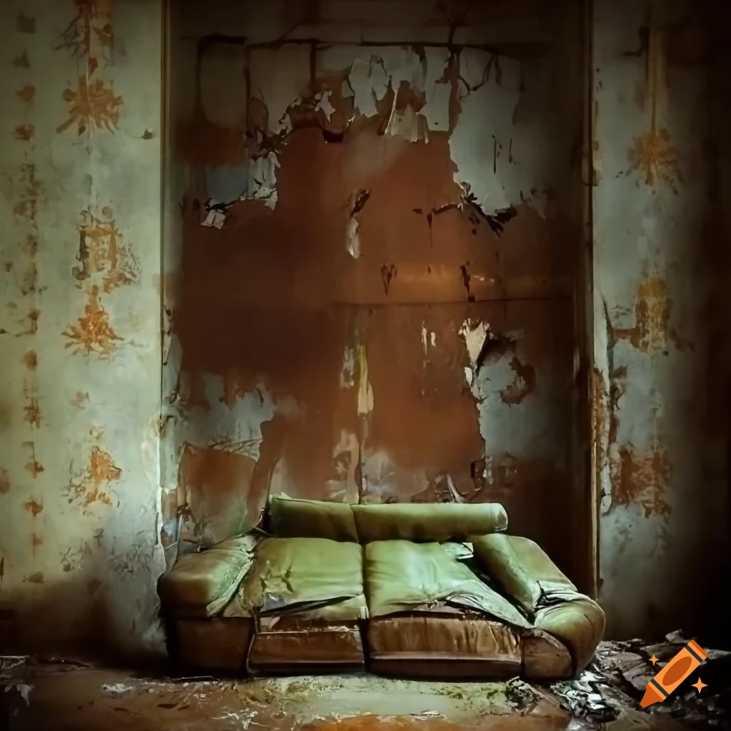 Foggy abandoned room with peeling wallpaper and defaced painting on Craiyon