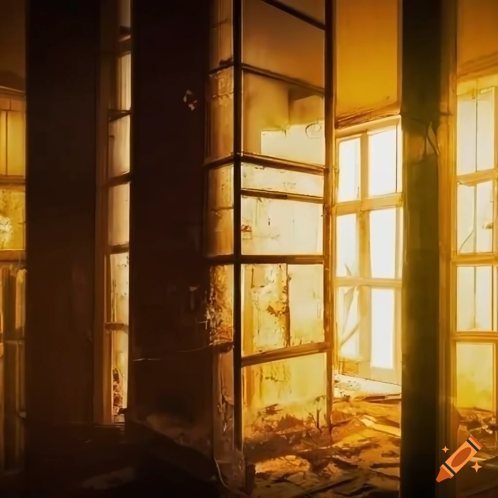Abandoned sunny offices with decaying boxes and broken tinted glass windows in golden fog