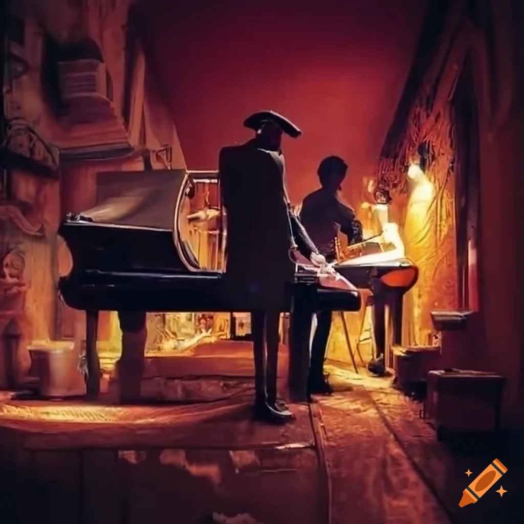 Two jazz musicians playing a grand piano in an underground bar