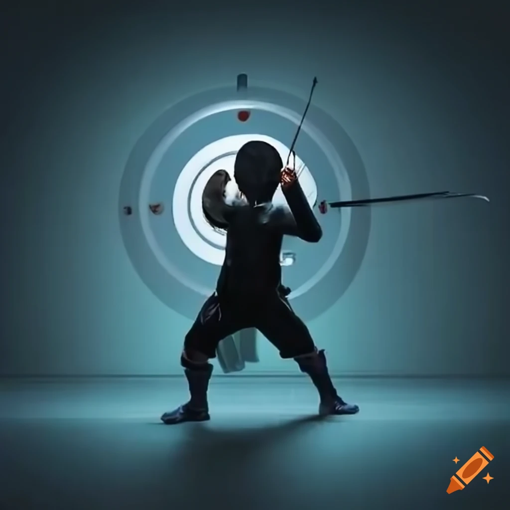 Young fencer training with target on the wall