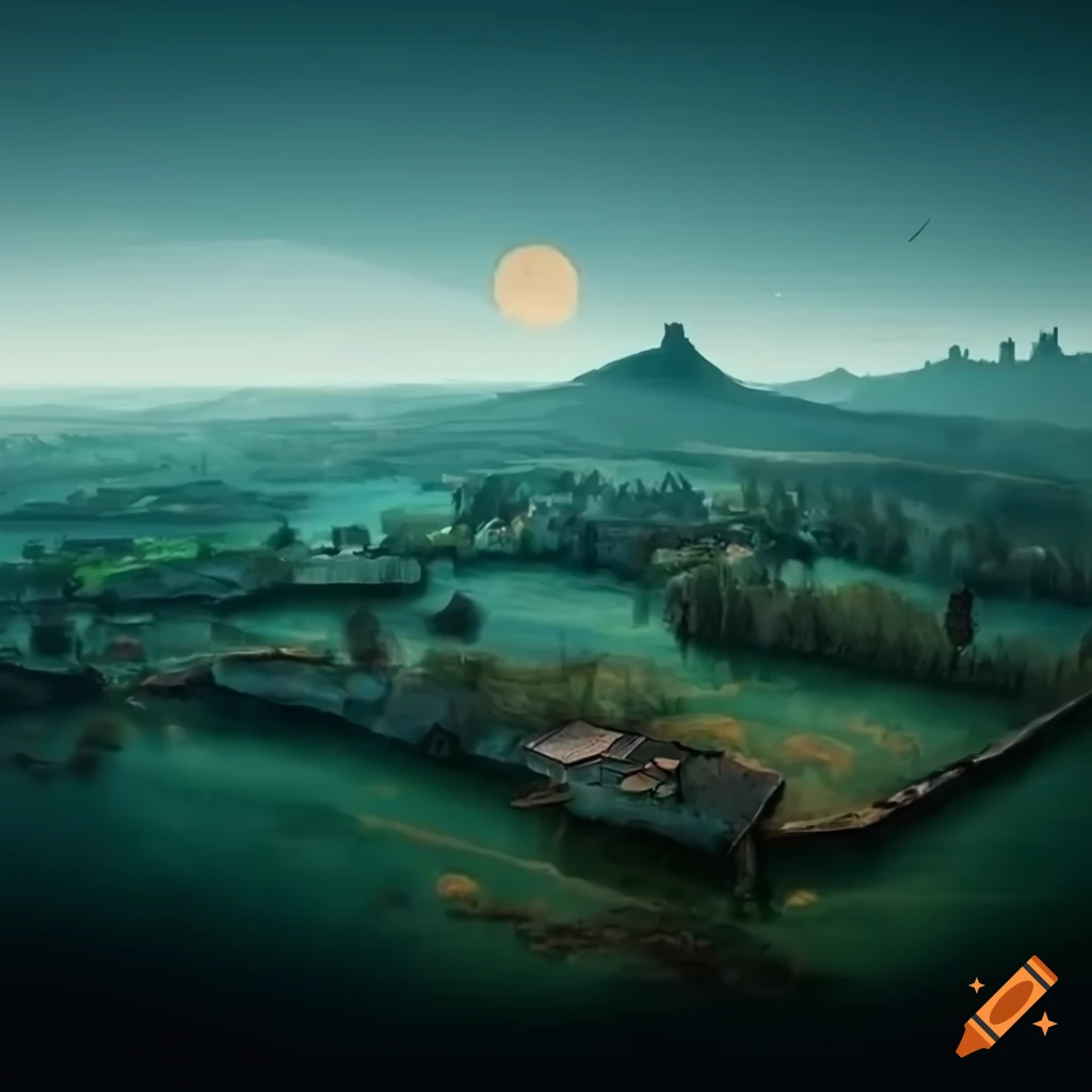Abandoned flooded fantasy farm town on top of a flat hill with water flowing down