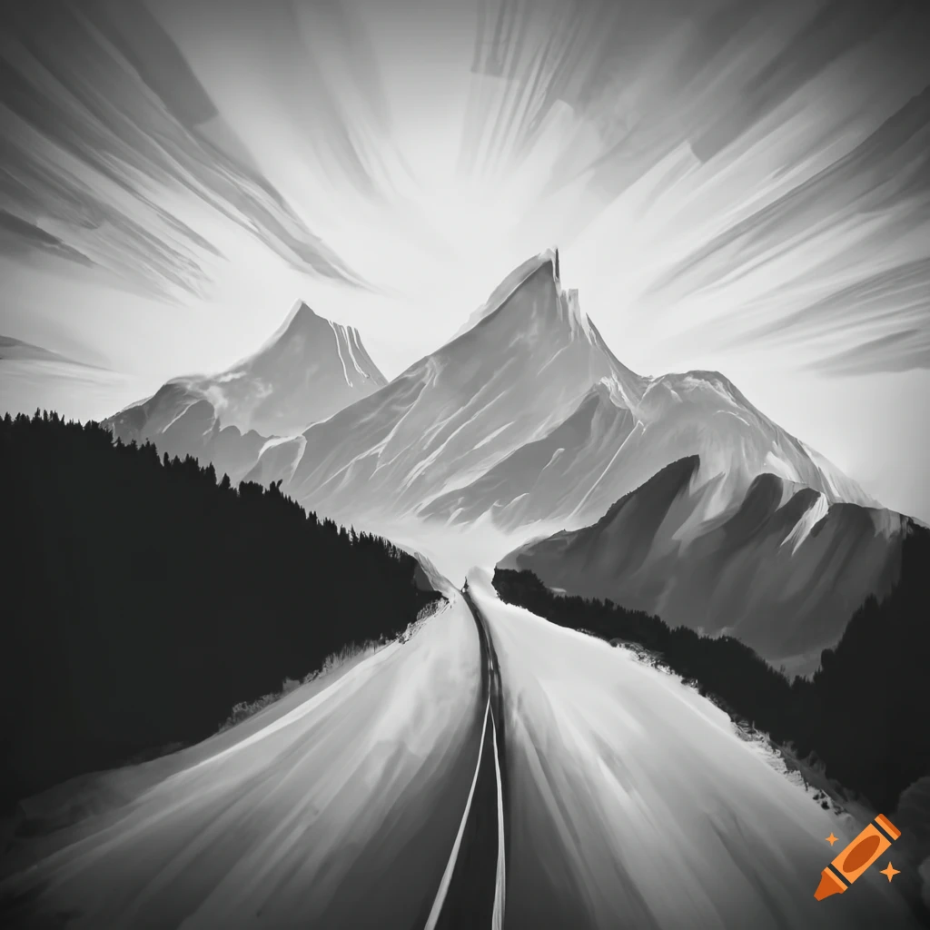 Artistic black and white photo of a road leading to a mountain on Craiyon