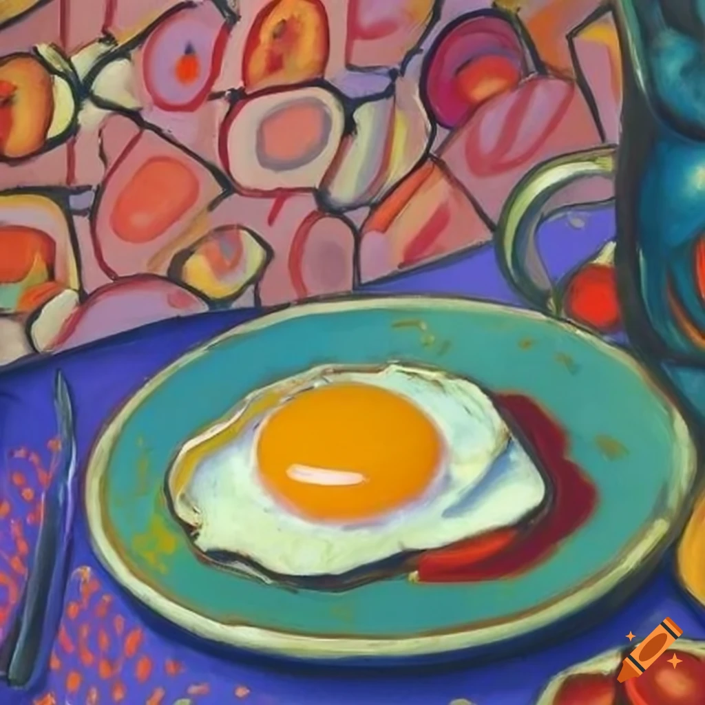 Colorful stilllife art with fried egg and chopped tomatoes on Craiyon