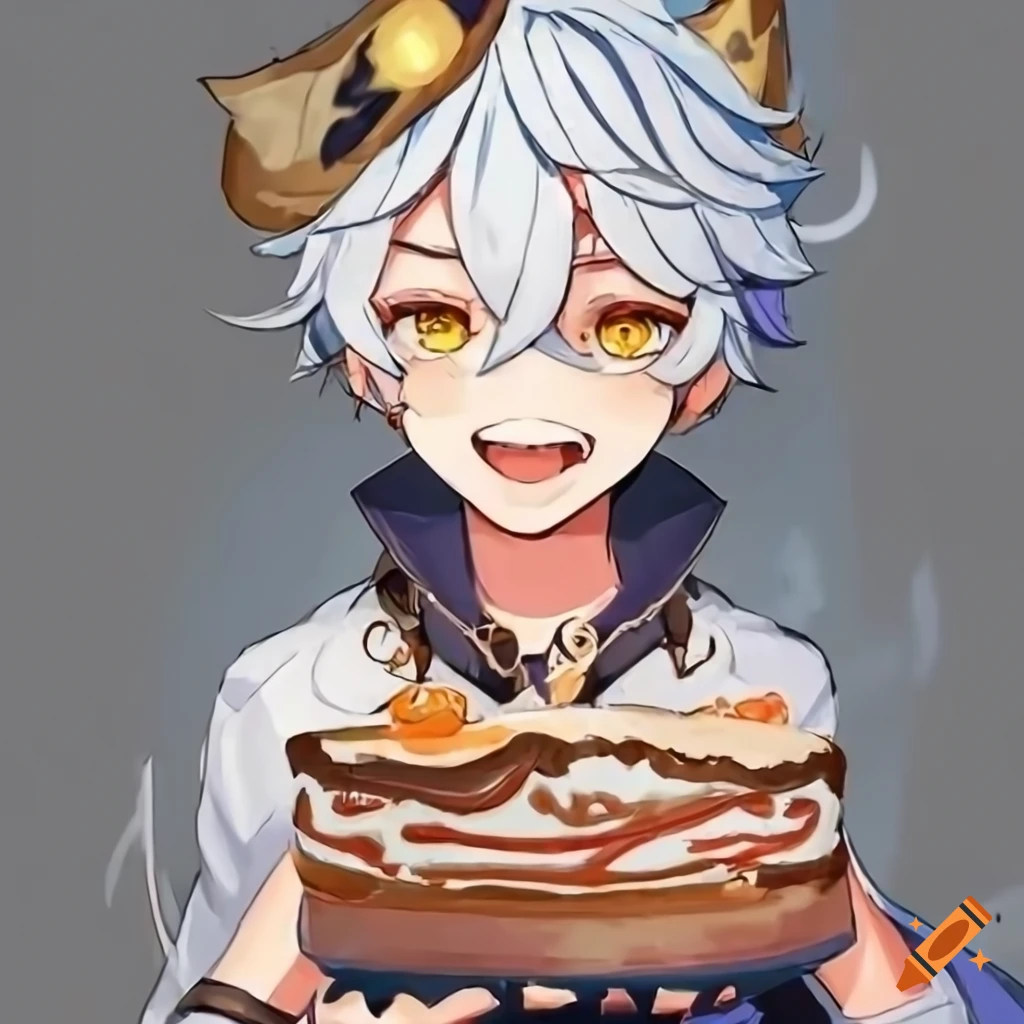 Bennett from Genshin Impact with a colorful birthday cake, smiling happily