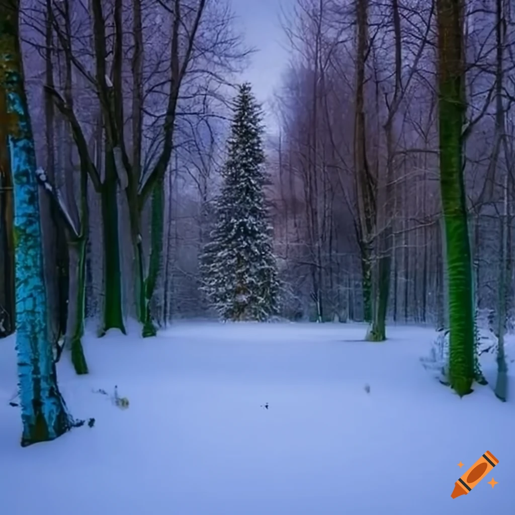 Whimsical wintry landscape with colorful snowmen in woodlands and gardens