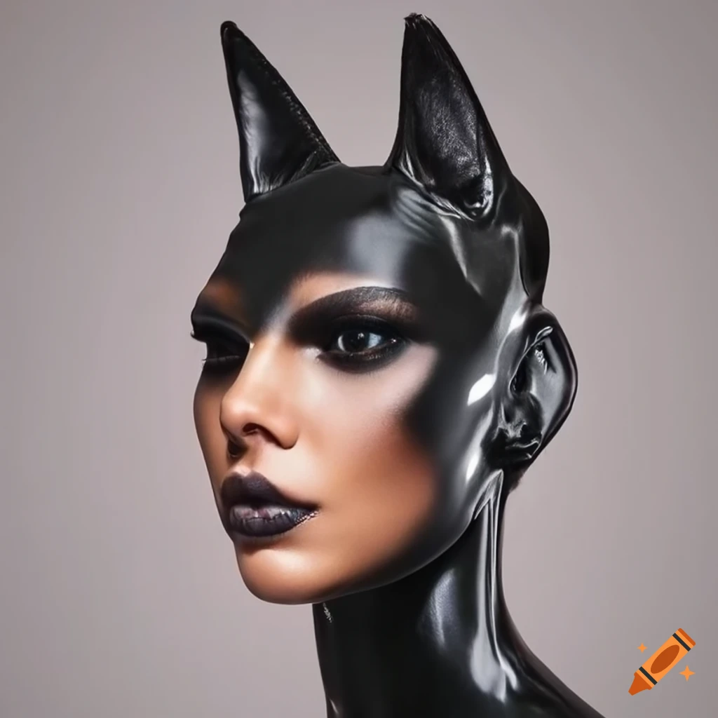 Kendall jenner in black latex with doberman head on Craiyon
