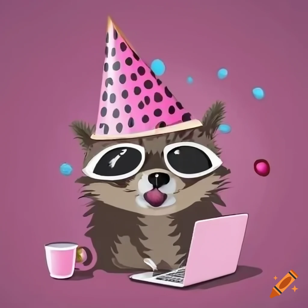 Raccoon with pink sunglasses and party hat using a pink laptop