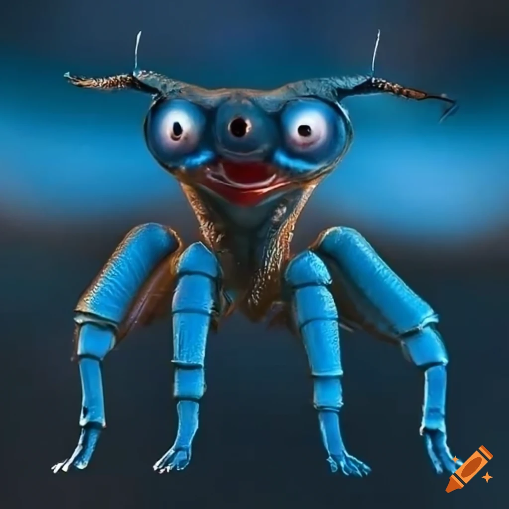 Blue extraterrestrial with insect-like legs and aggressive expression ...
