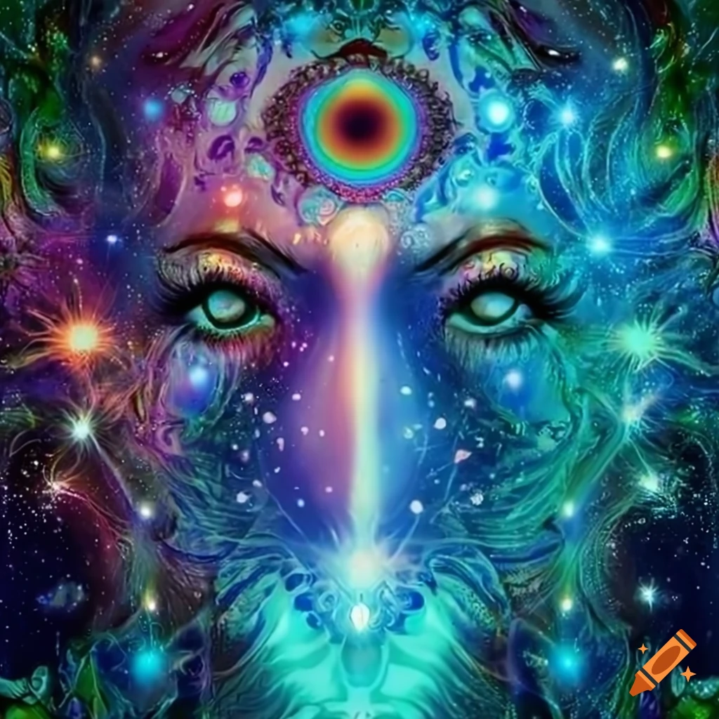 Spiritual singing portrait with galactic phoenix in a blue shimmering universe