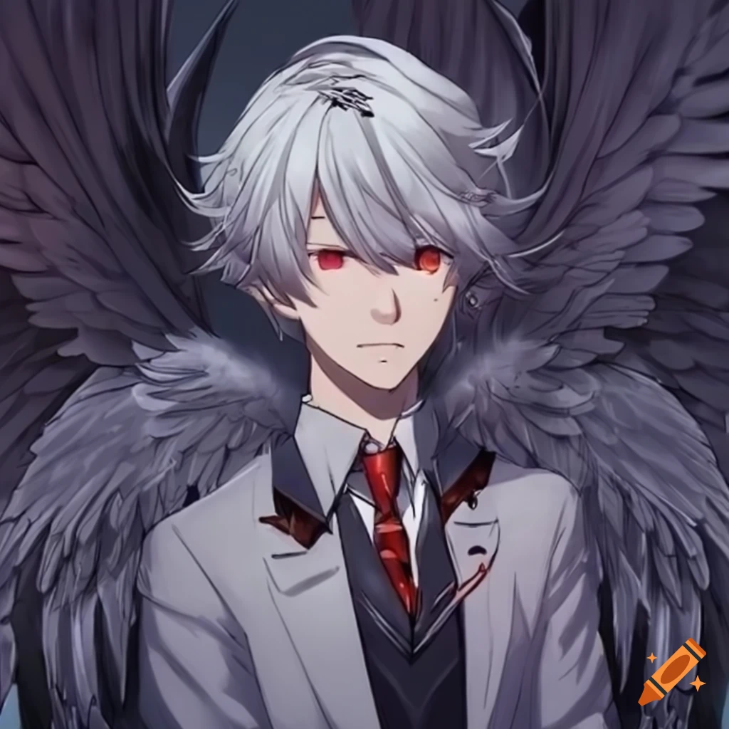 Gray, a cruel god with gray hair, red eyes, suit, and white wings