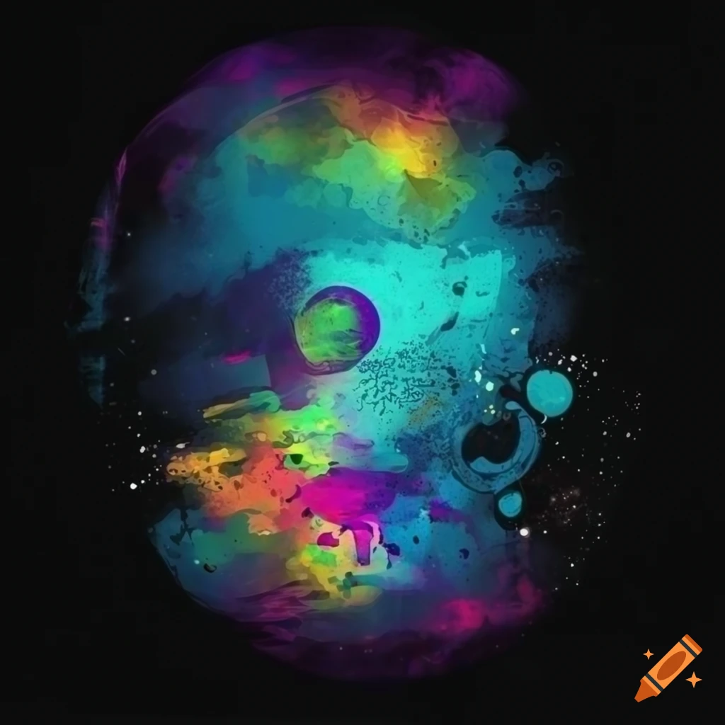 Colorful space-themed art with abstract expressionist style