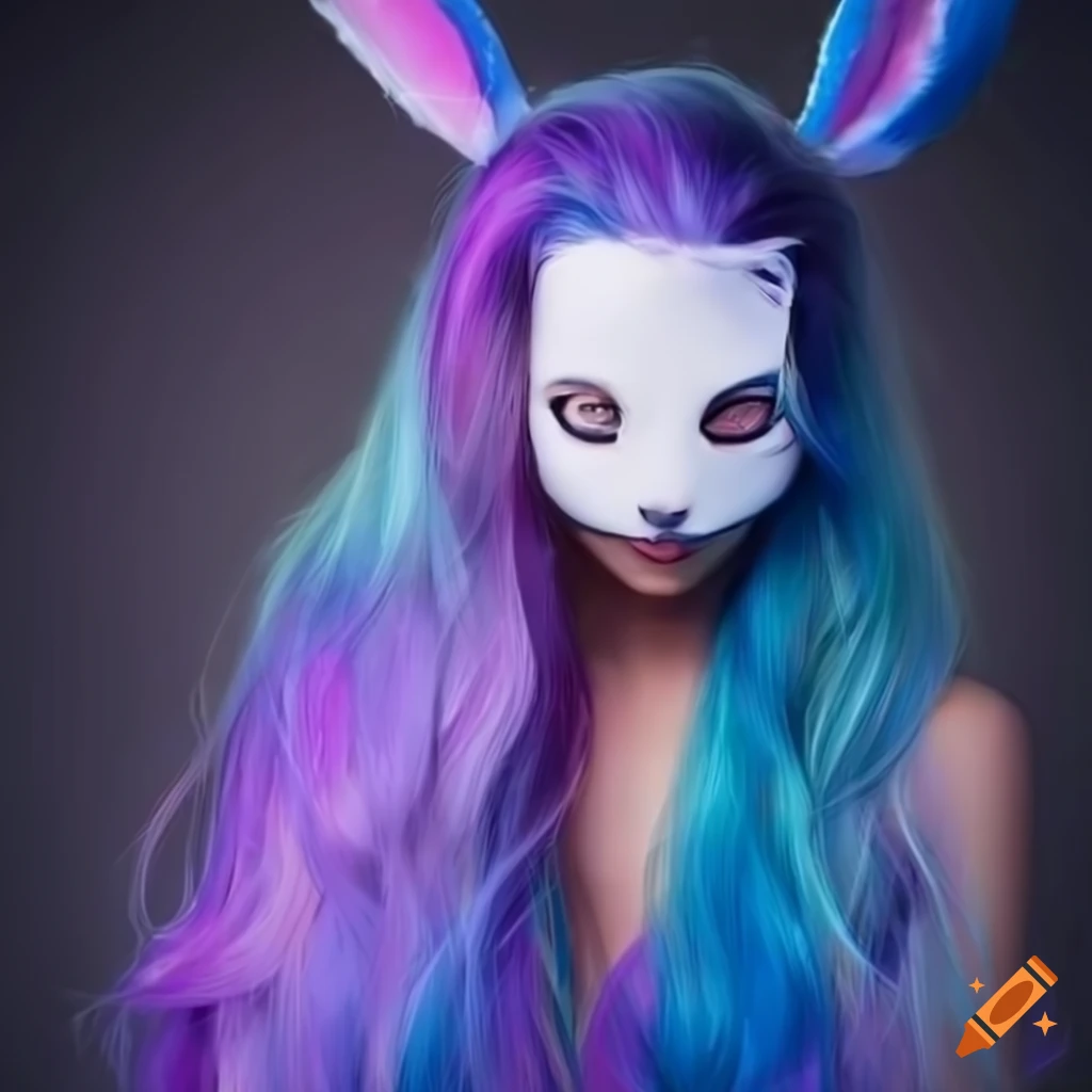 Girl with a white bunny mask and colorful hair on Craiyon