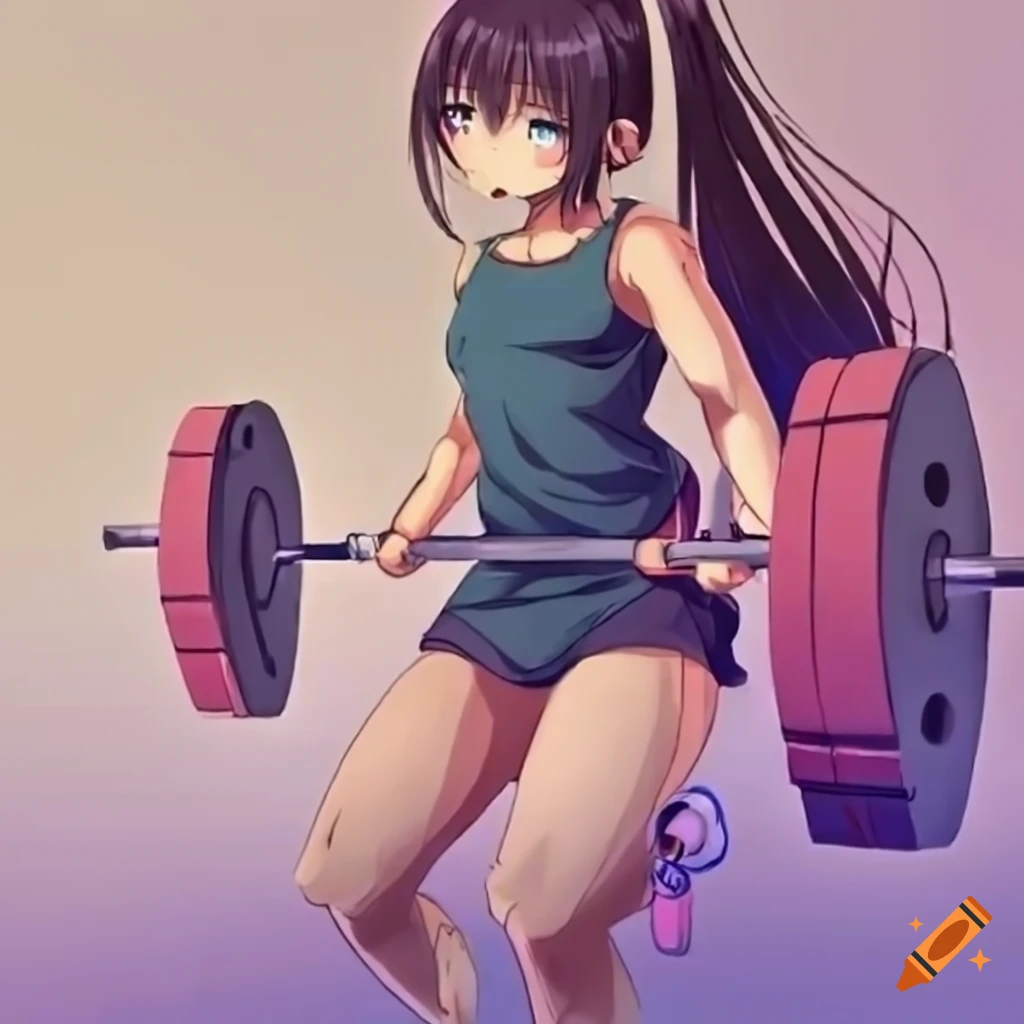Petite anime girl lifting heavy weights