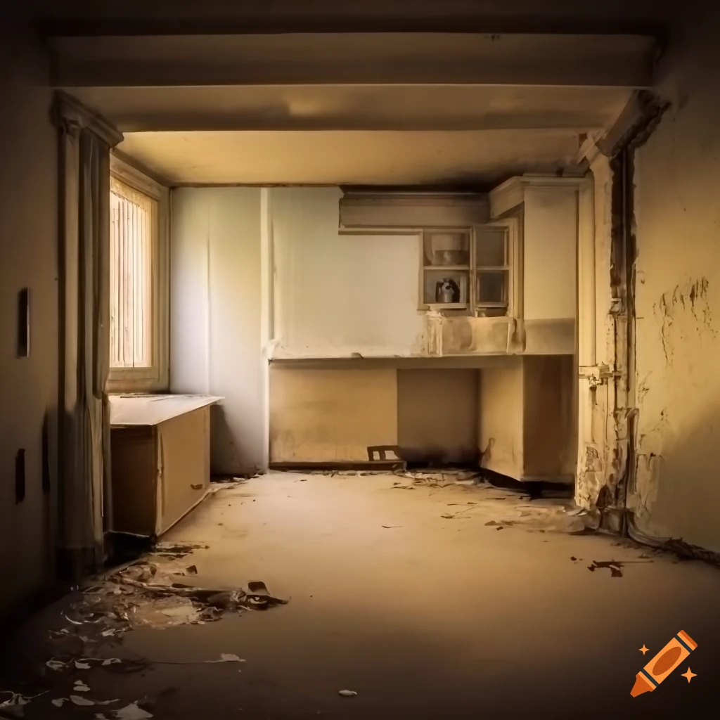 Abandoned flooded basement room with built-in cabinets and narrow windows
