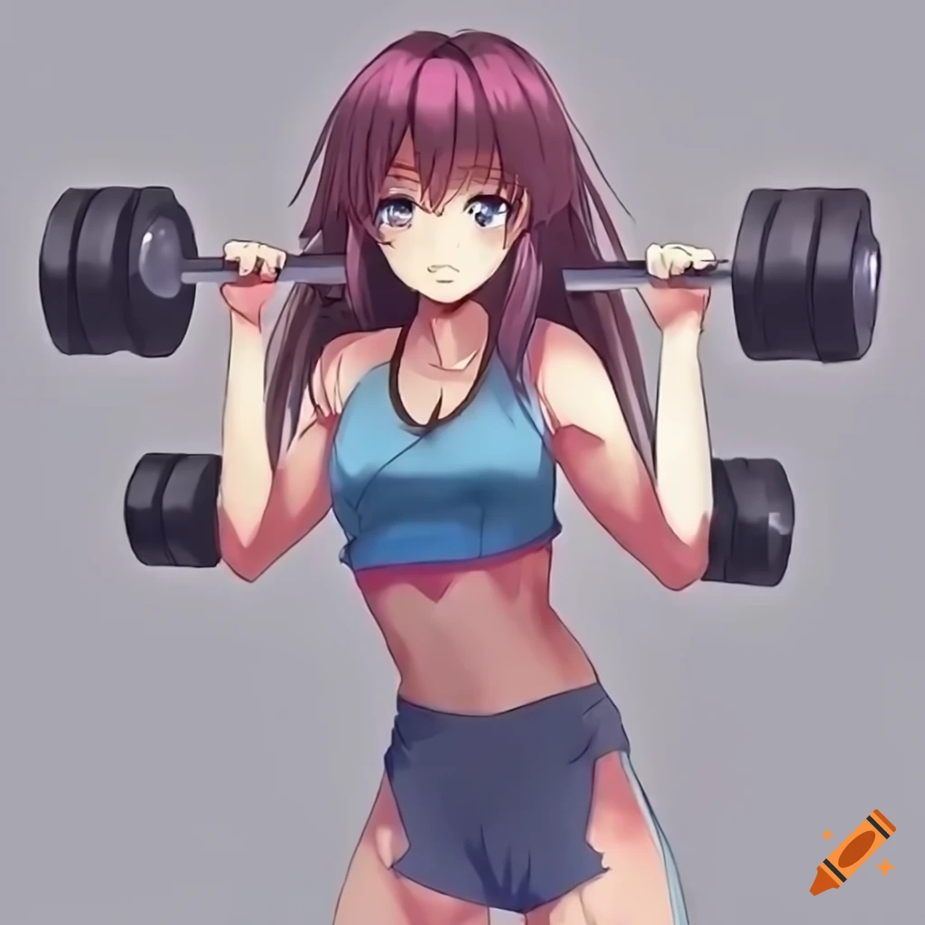 Petite anime girl lifting heavy weights